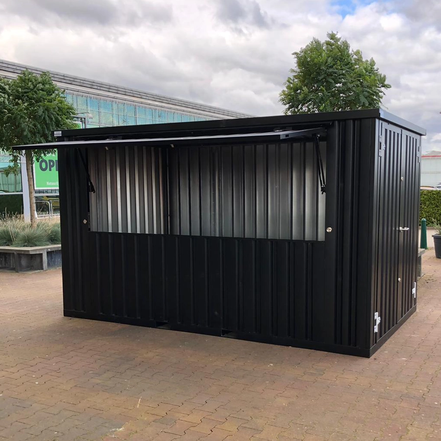 Container Bar 4×2 m RAL 9005 Schwarz – Zerlegbarer Verkaufscontainer mit Doppeltür und Klappöffnung
