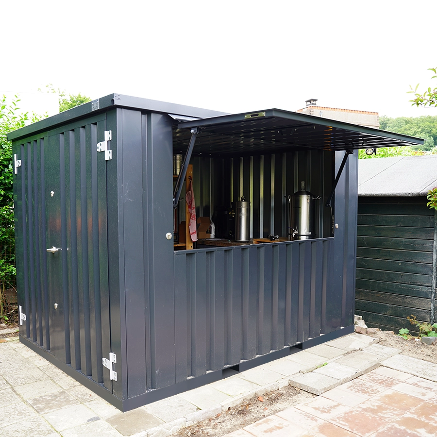 Container Bar XL 3×2 m RAL 7016 Anthrazit – Verkaufscontainer mit Klappöffnung und Doppeltür – Modular