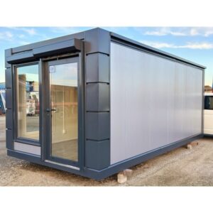 Verkaufspavillon-Container 3×6 m Open Space, Rolläden, 2 Türen, 2 Fenster, sofort lieferbar